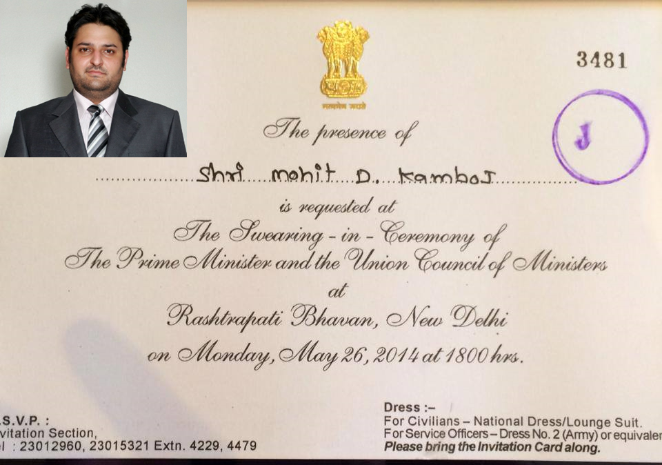 Mohit Kamboj will attend the swearing-in ceremony of Narender Modi.