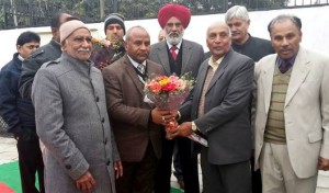 Sh. Karan Dev Kamboj, Minister Haryana Government welcomed by Sh. Nanak Chand Kamboj, President of All India Kamboj Mahasabha with Sh. Daulat Ram Kamboj at Shaheed Udham Singh Memorial Bhawan Society, Chandigarh