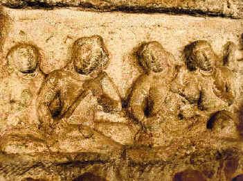 Other panel in Angkor Wat temple (Cambodia) showing Ksie deiv musical instrument